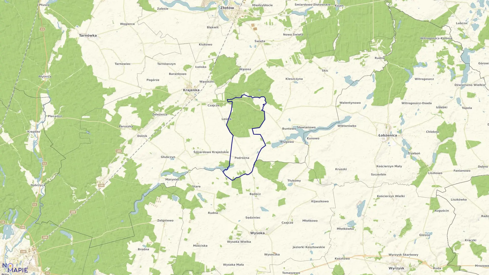 Mapa obrębu PODRÓŻNA w gminie Krajenka